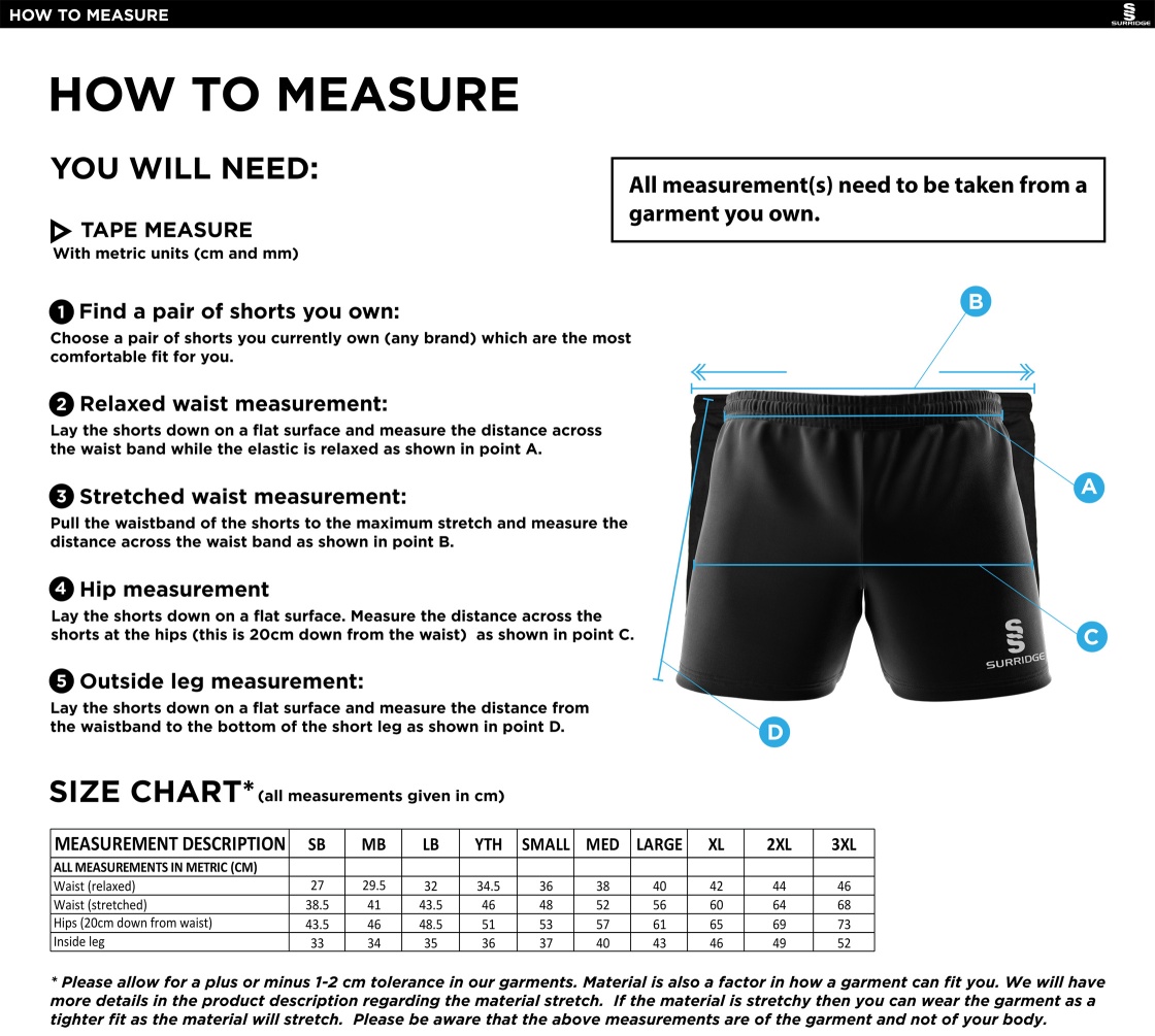 Abberton & District CC Dual Gym Shorts - Size Guide