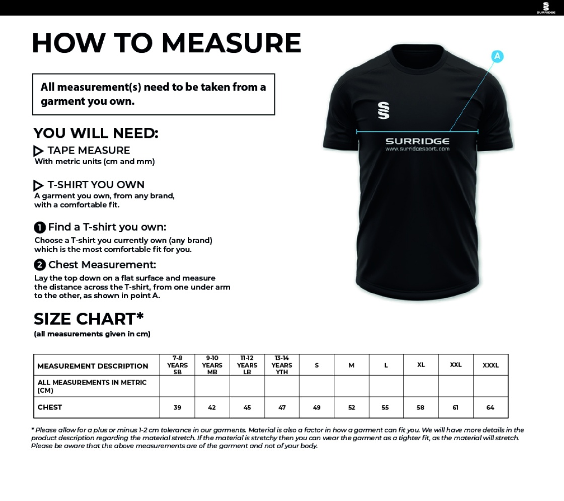 Abberton & District CC - Bespoke - Short Sleeved Playing Shirt - Size Guide