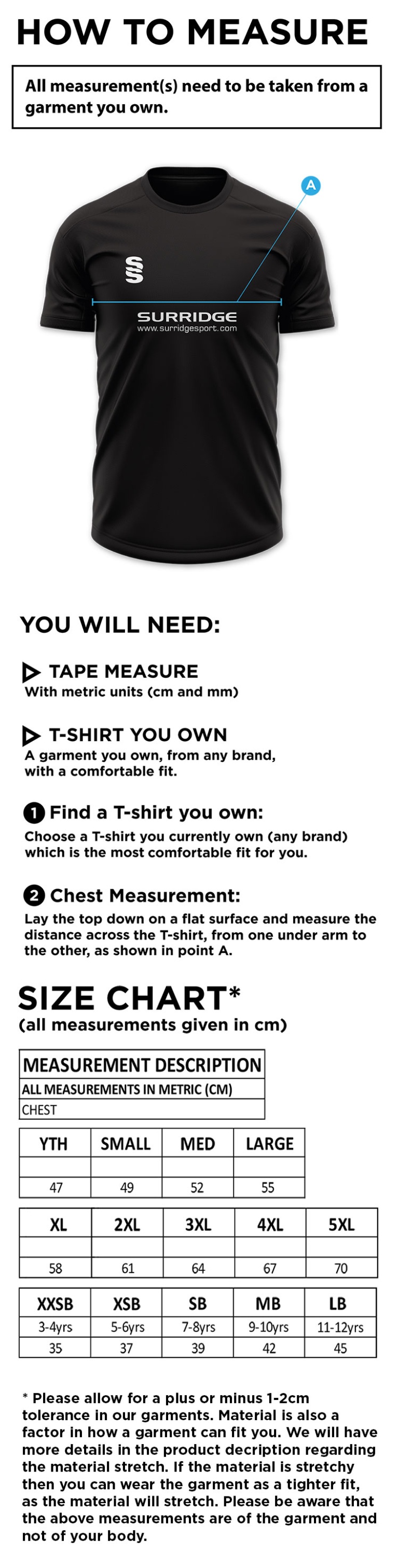 Abberton & District CC Dual Training Shirt - Size Guide