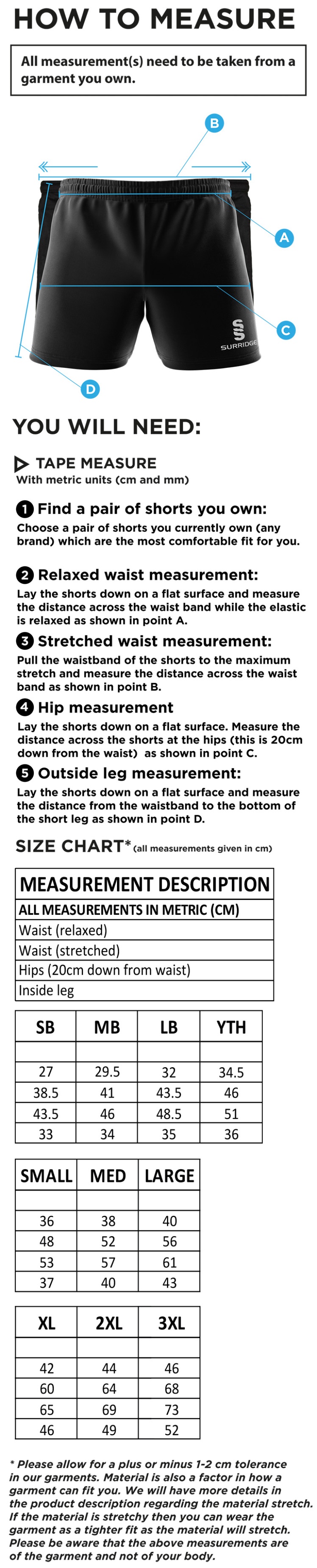 Abberton & District CC Dual Gym Shorts - Size Guide