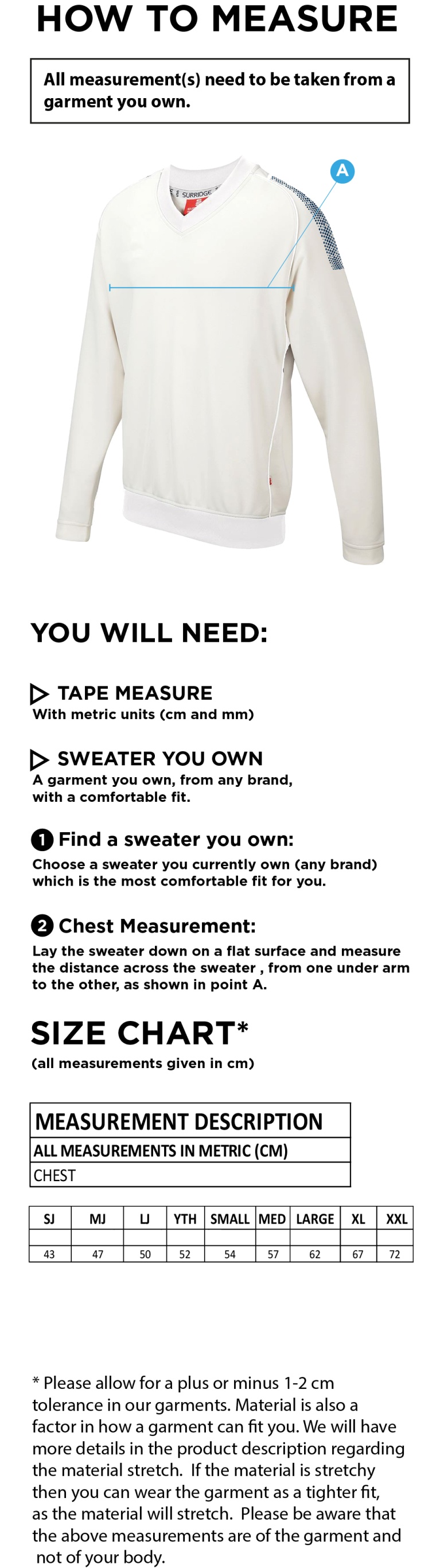 Abberton & District CC Long Sleeve Sweater - Size Guide