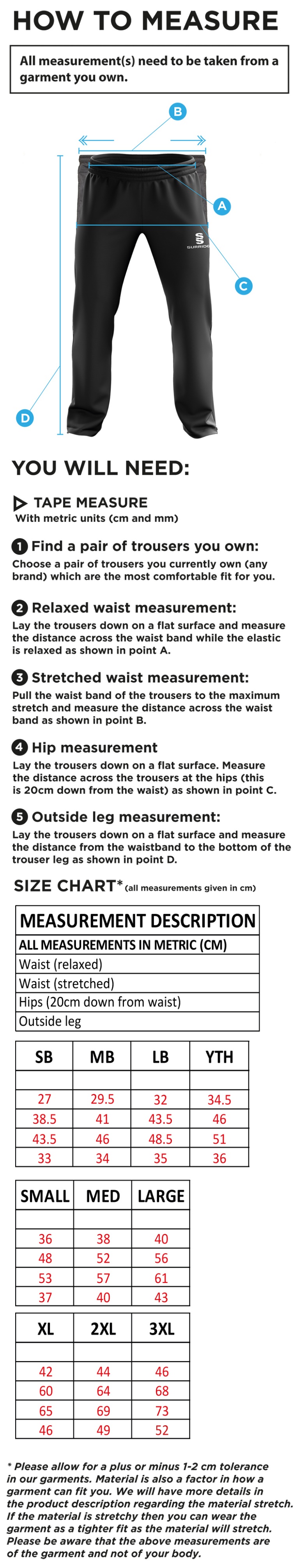 ABBERTON AND DISTRICT CC Rip Stop Track Pant : Navy - Size Guide