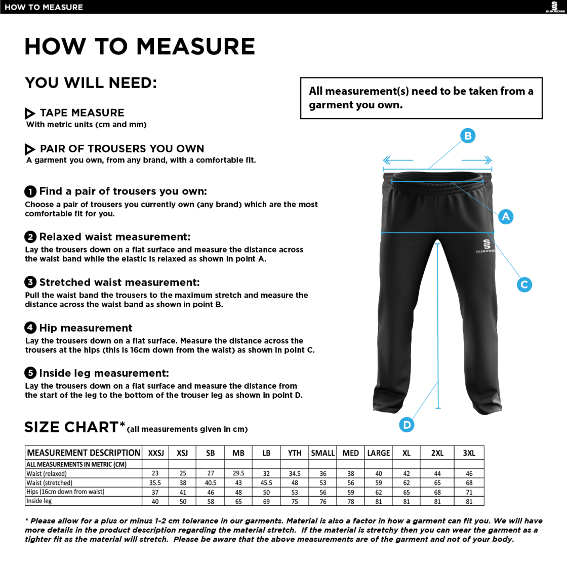 ABBERTON AND DISTRICT CC Classic Tracksuit Pant 3/4 Zip Length Navy Mens - Size Guide