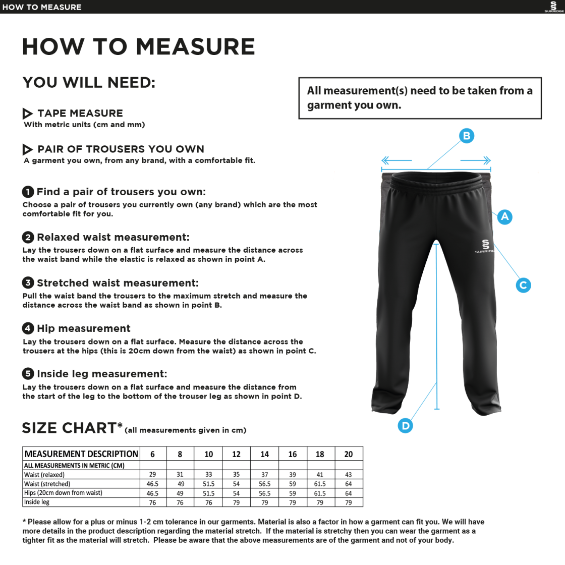 Abberton & District CC Poplin Track Pants - Size Guide