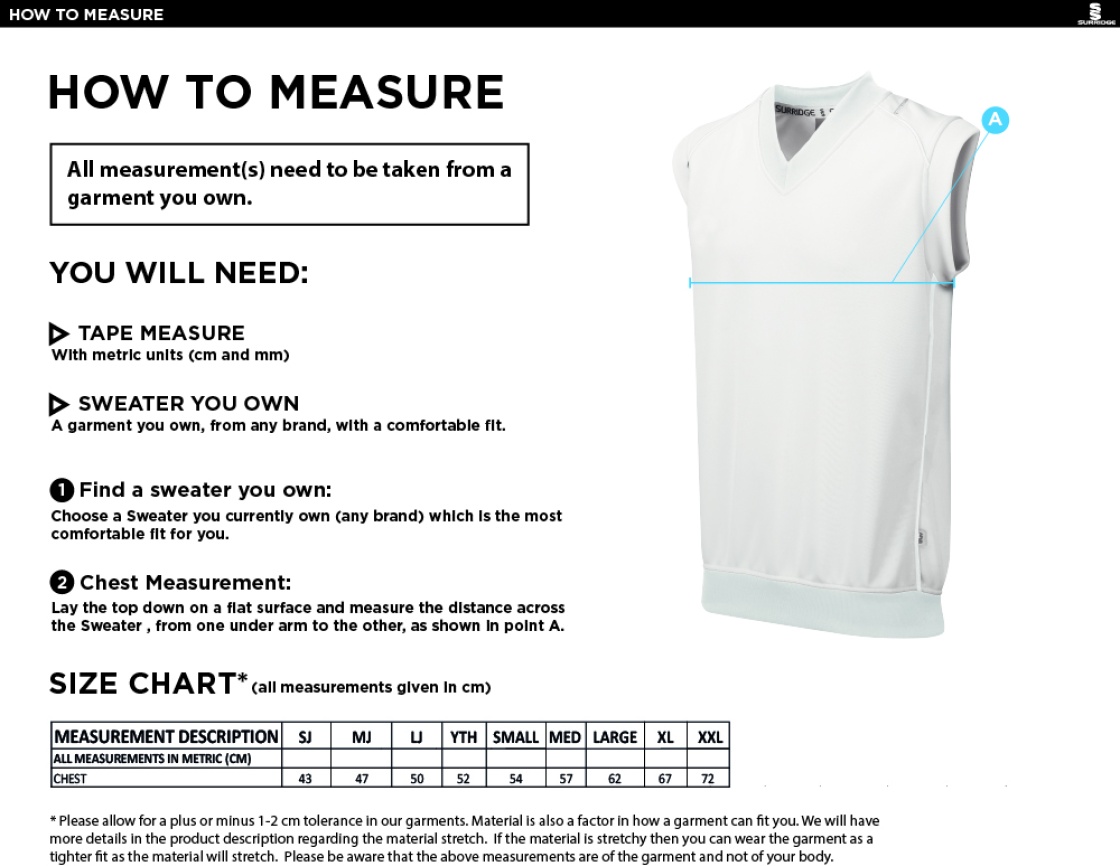 Abberton & District CC Sleeveless Sweater - Size Guide