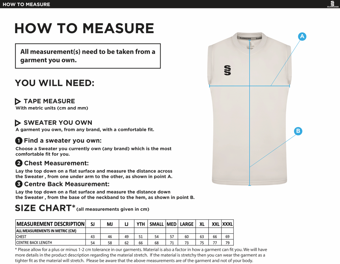 ABBERTON AND DISTRICT CC BLAST SLEEVELESS SWEATER - Ivory - Size Guide
