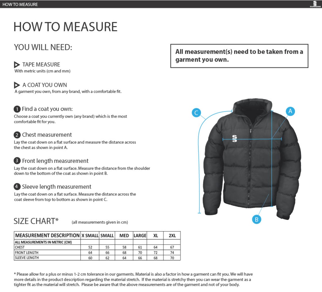 Abberton & District CC Ladies Puffa Jacket - Size Guide