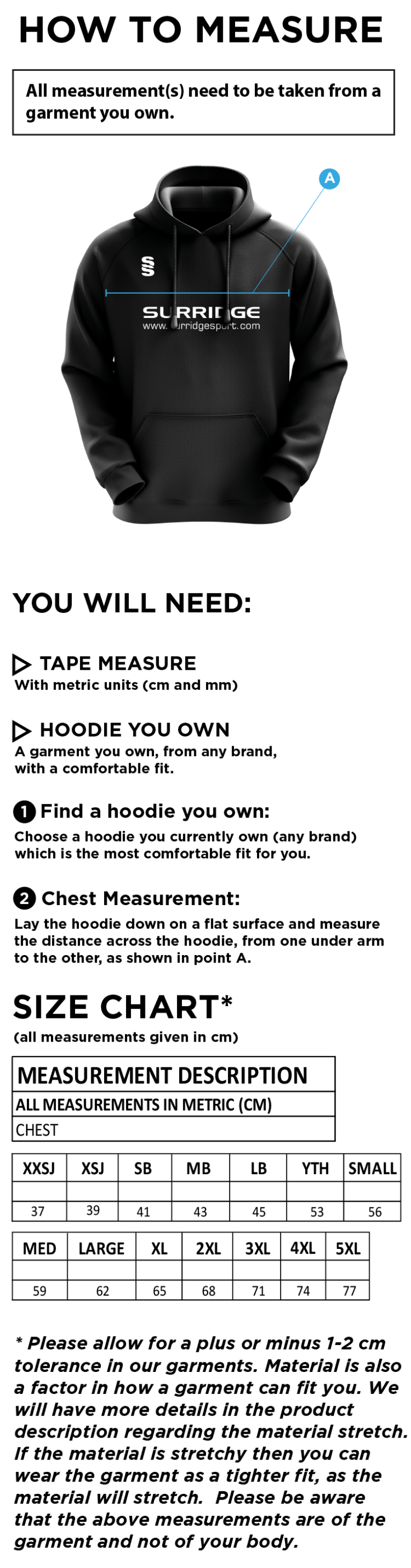 Abberton & District CC Dual Hoody - Size Guide