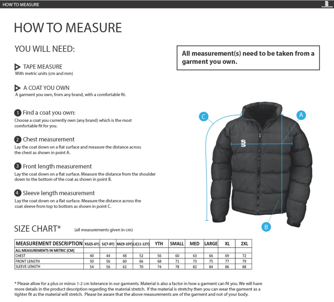 Abberton & District CC Men's Puffa Jacket - Size Guide