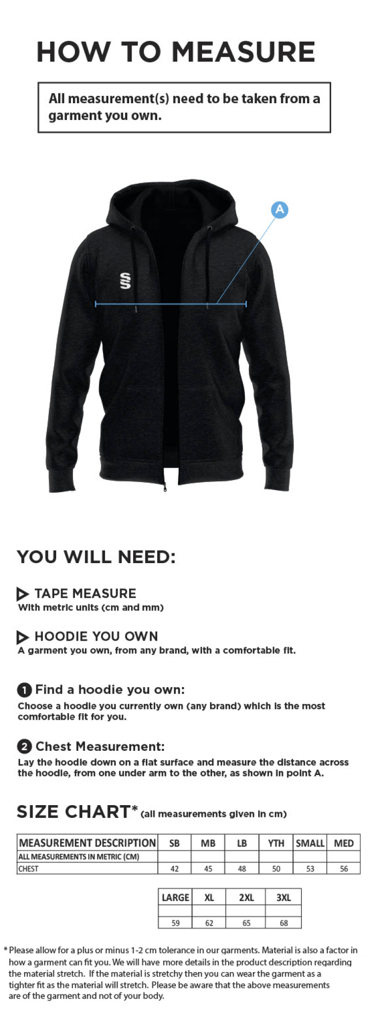 Abberton & District CC Dual Full Zip Hoodie - Size Guide