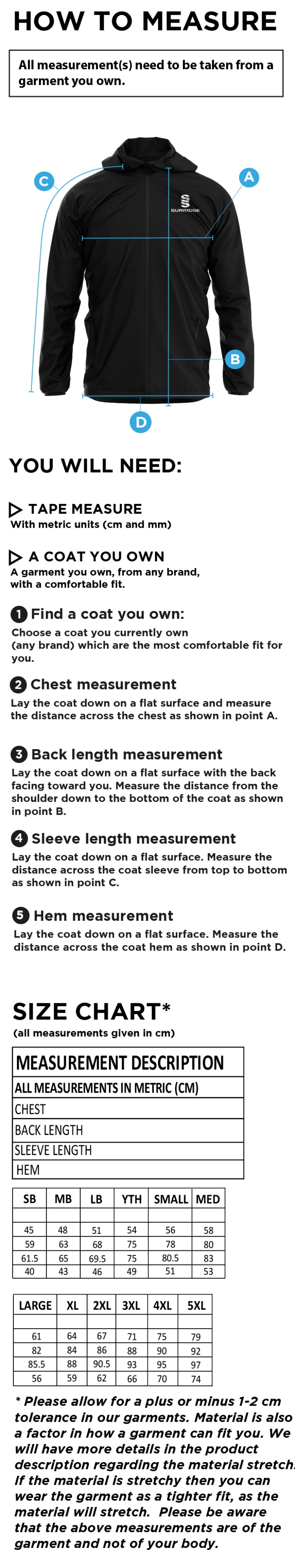 Abberton & District CC Dual Training Jacket - Size Guide