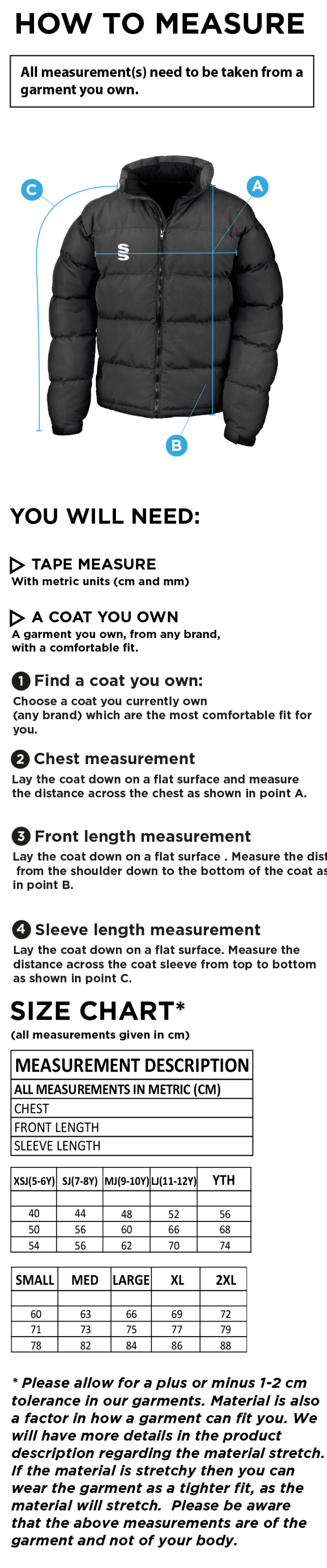 Abberton & District CC Men's Puffa Jacket - Size Guide