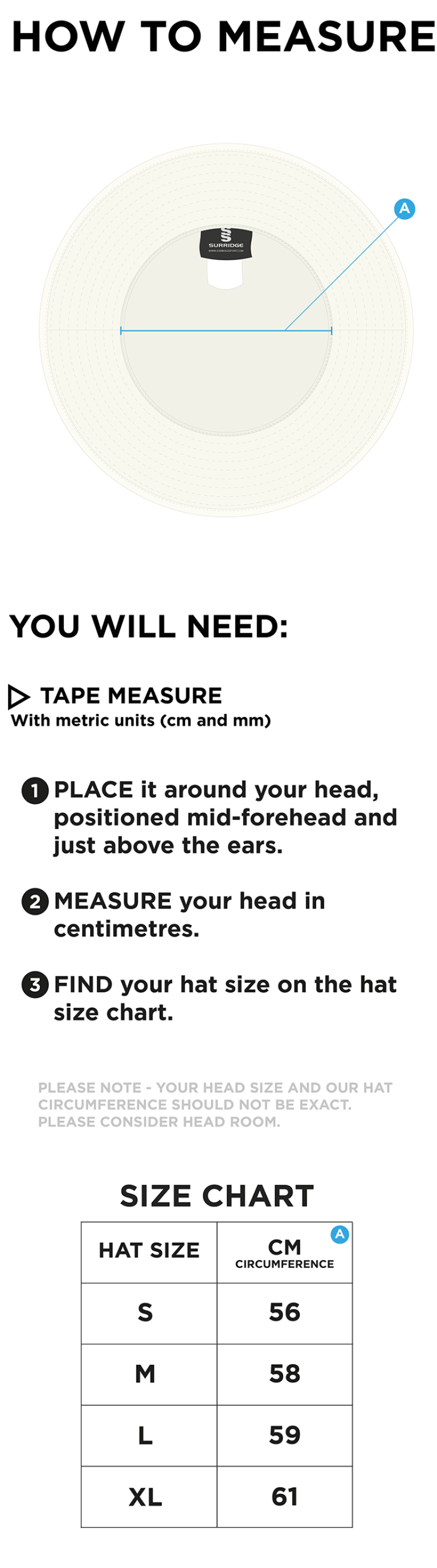 ABBERTON AND DISTRICT CC Floppy Hat - Navy - Size Guide
