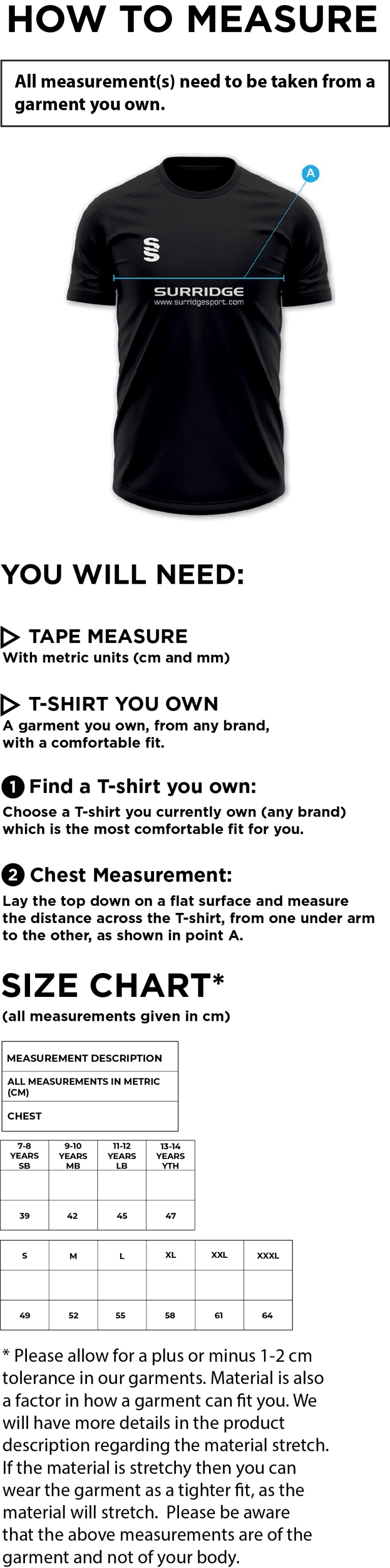 Abberton & District CC - Bespoke - T20 Short Sleeved Shirt - Size Guide