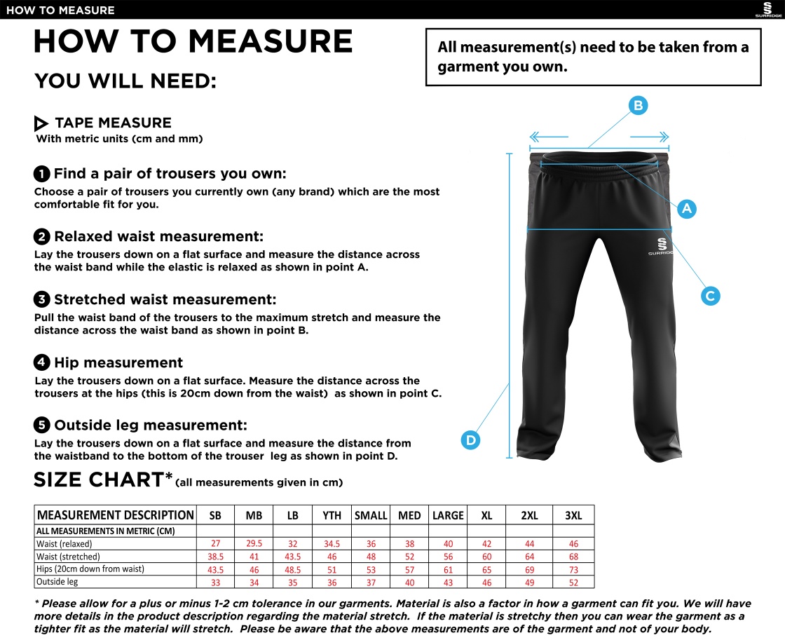 ABBERTON AND DISTRICT CC Rip Stop Track Pant : Navy - Size Guide