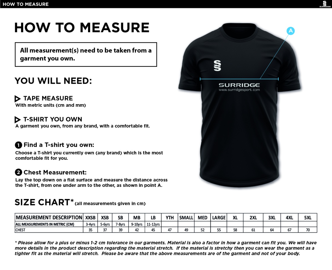 Abberton & District CC Dual Polo Shirt - Size Guide
