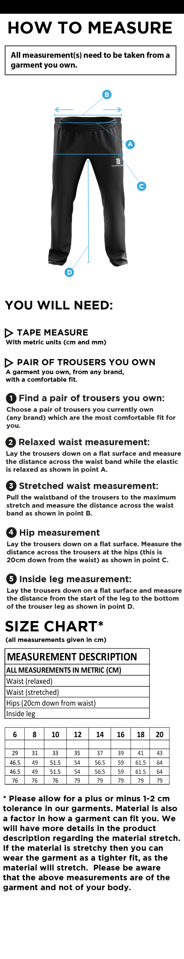 Abberton & District CC Poplin Track Pants - Size Guide