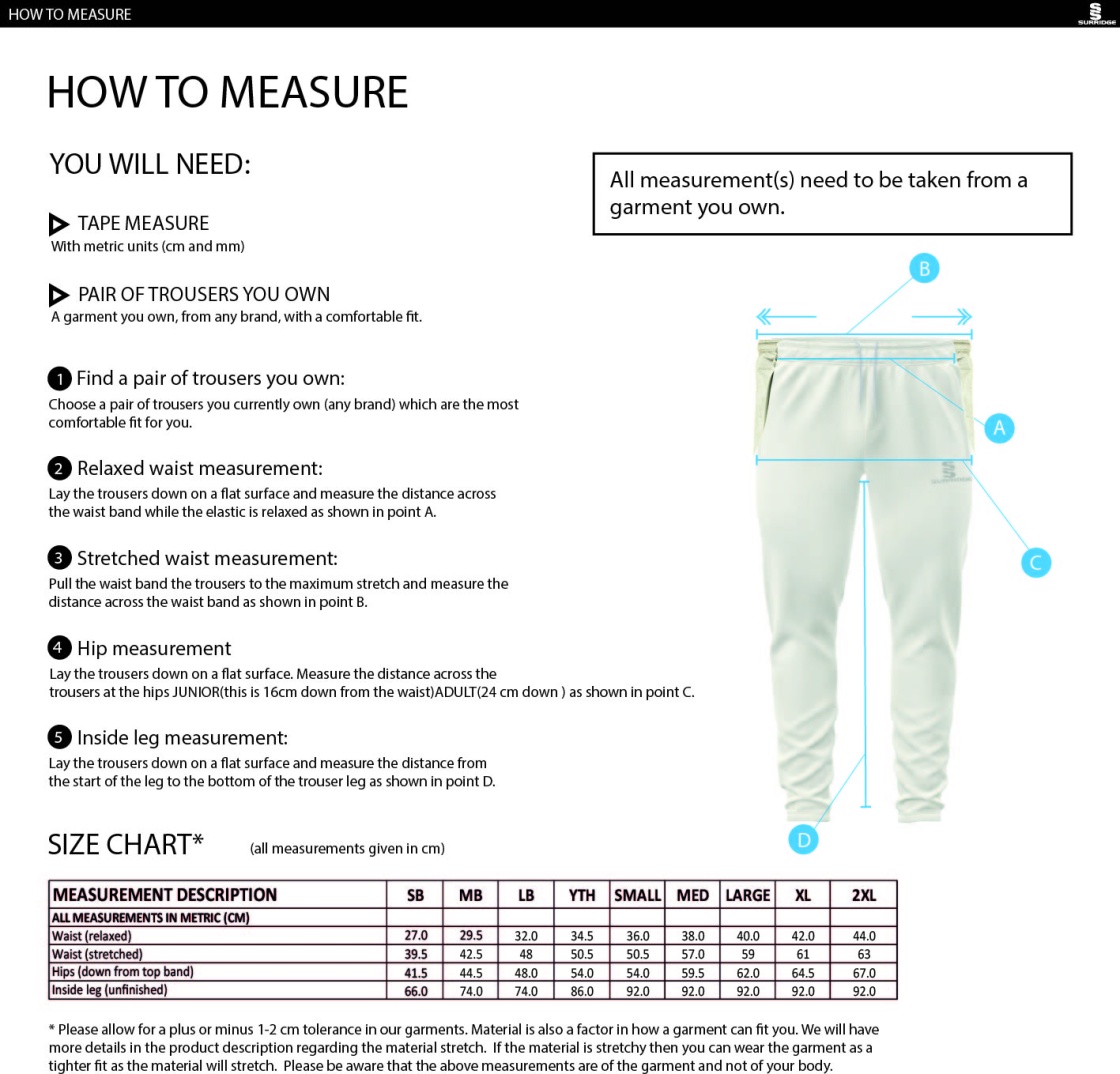 Abberton & District CC Tek Playing Pant - Size Guide