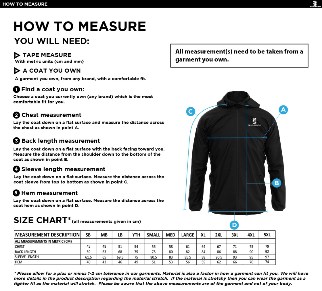Abberton & District CC Dual Training Jacket - Size Guide