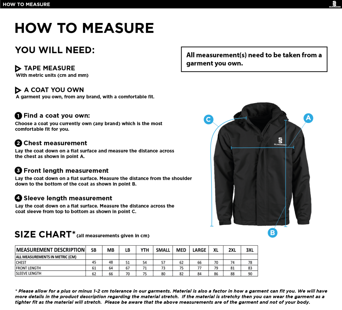 Abberton & District CC Dual Fleeced Line Jacket - Size Guide
