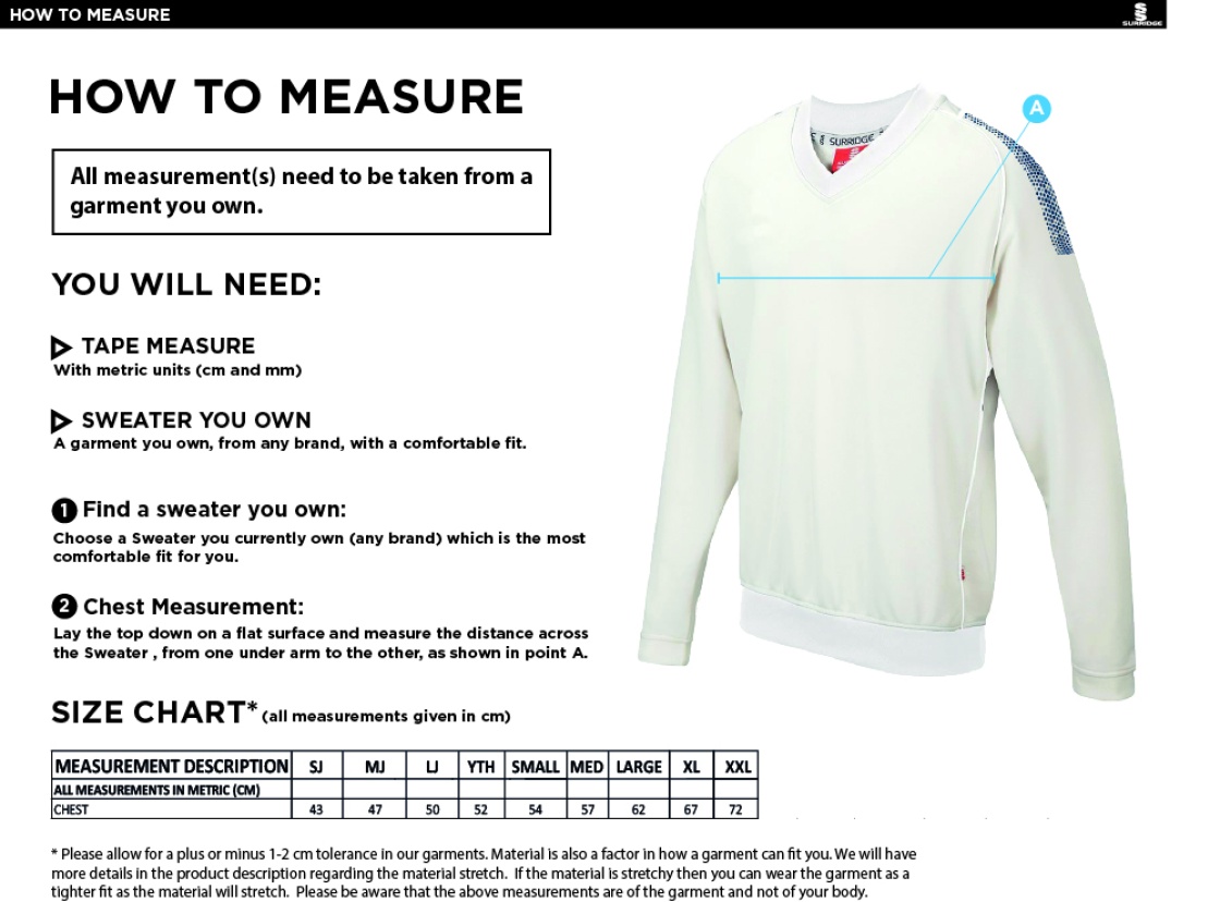 Abberton & District CC Long Sleeve Sweater - Size Guide