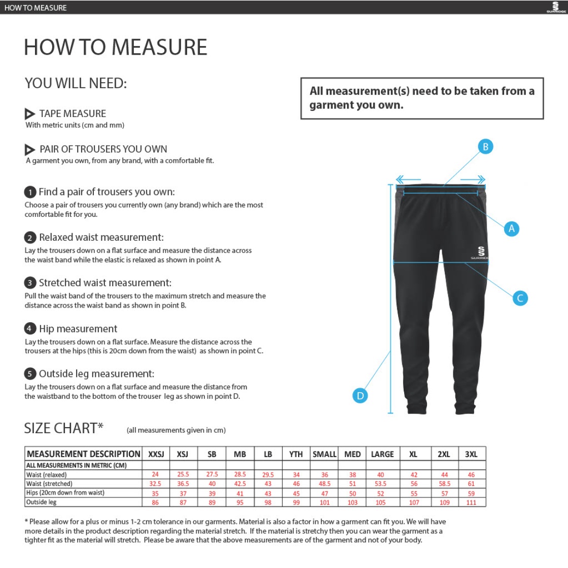 Abberton & District CC Dual Slim Pants - Size Guide