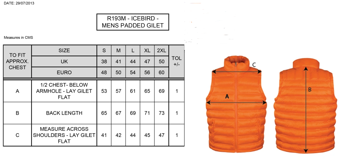 Abberton & District CC Men's Padded Gilet - Size Guide