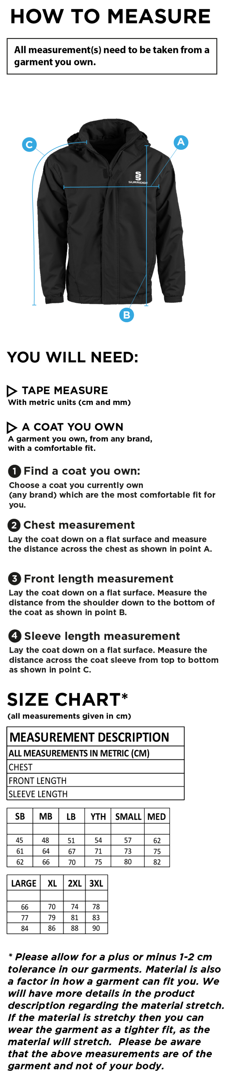 Abberton & District CC Dual Fleeced Line Jacket - Size Guide