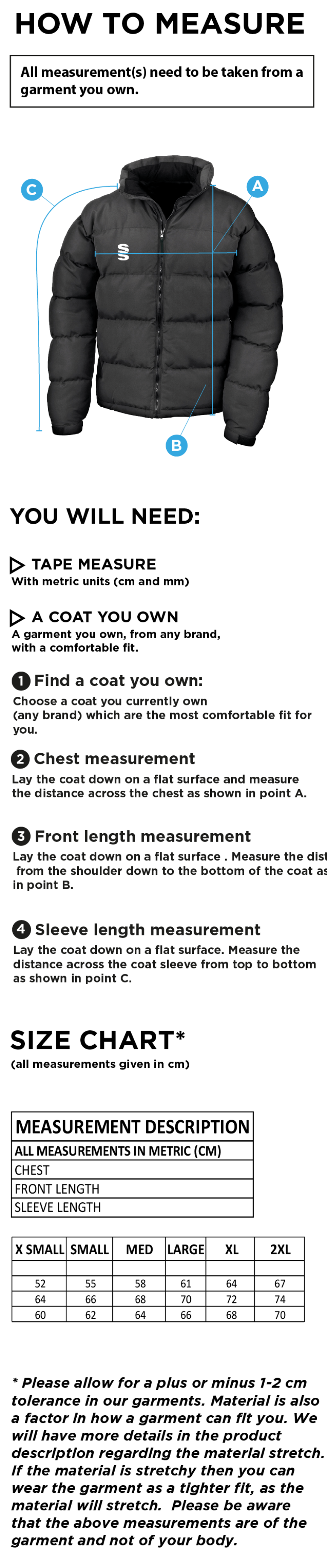 Abberton & District CC Ladies Puffa Jacket - Size Guide